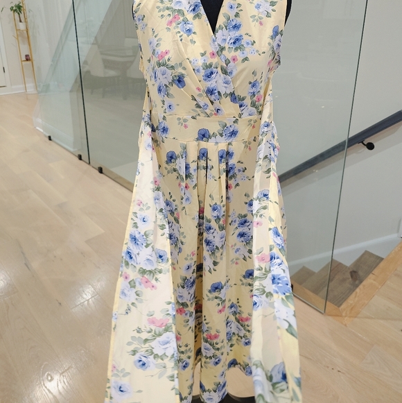 Yellow Sleeveless Floral Wrap Midi Dress Silk - Picture 2 of 6